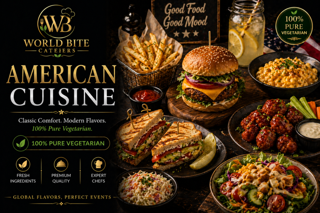 Luxury American vegetarian catering dishes including gourmet veg burgers, fries and modern comfort food in premium presentation by World Bite Caterers