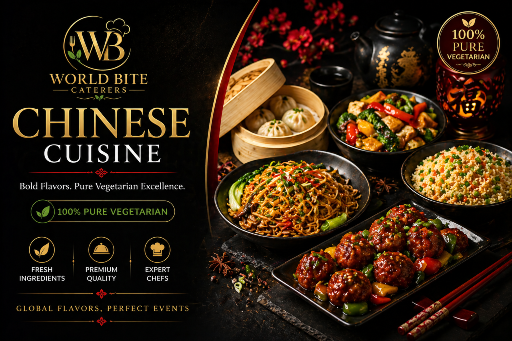 Luxury Chinese vegetarian catering dishes including veg manchurian, hakka noodles and fried rice in premium presentation by World Bite Caterers