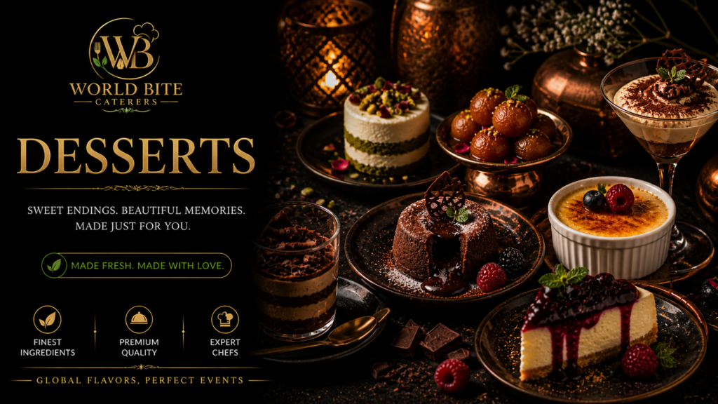 Luxury dessert spread by Worldbite Caterers featuring gourmet cakes, pastries, Indian sweets, and plated desserts in an elegant setup
