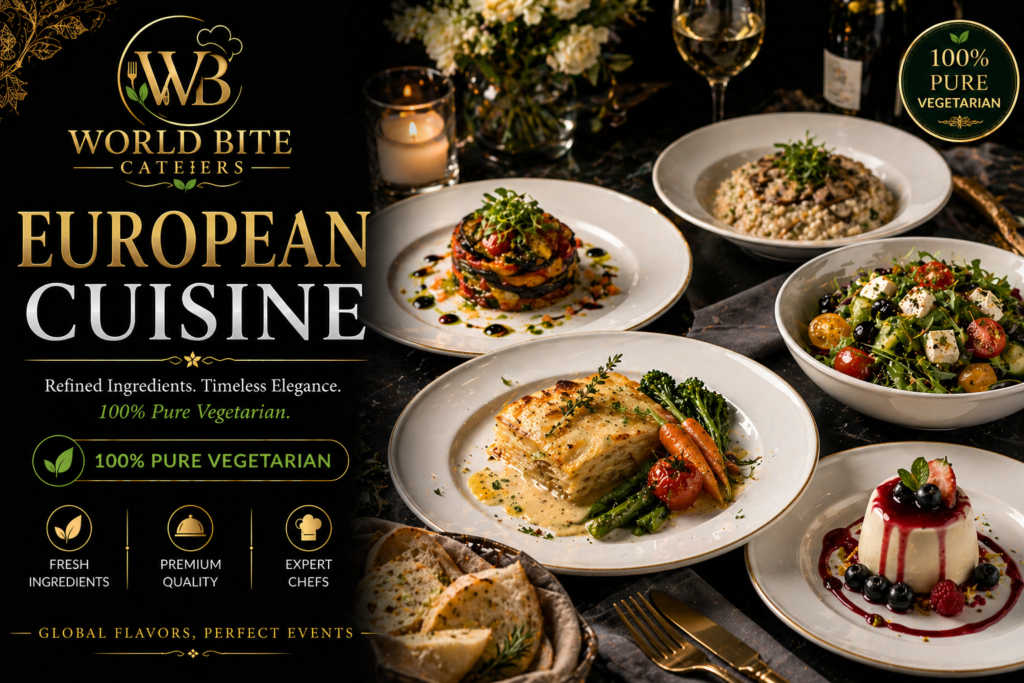 Luxury European vegetarian catering dishes with fine dining plating, gourmet vegetables and elegant presentation by World Bite Caterers