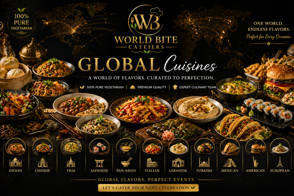 World Bite Caterers Global logo in luxury black and gold design representing premium vegetarian global catering brand