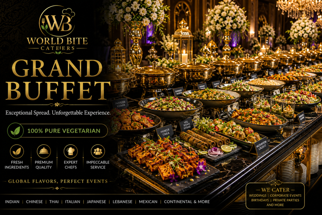 Luxurious vegetarian grand buffet setup with multiple cuisines, elegant presentation, and a wide variety of dishes at a premium catering event.