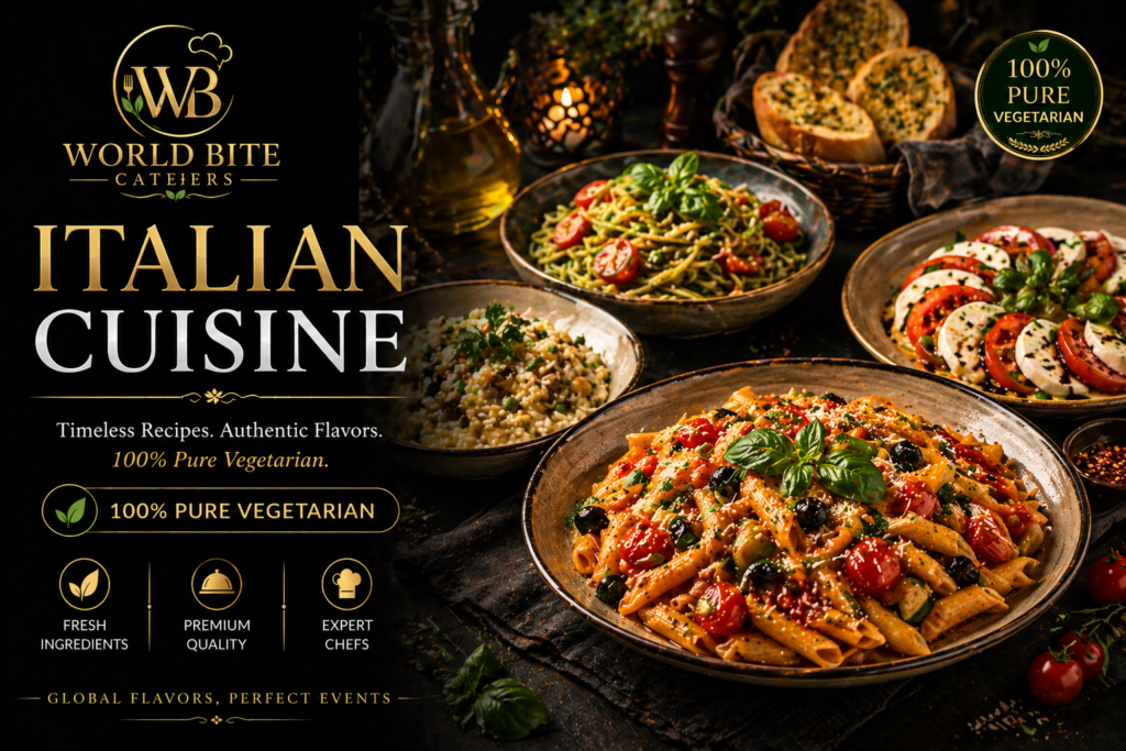 Luxury Italian vegetarian catering dishes including pasta, risotto and gourmet plated cuisine in premium presentation by World Bite Caterers