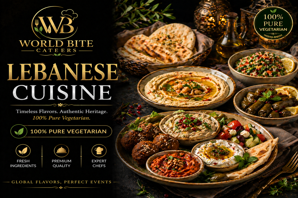 Luxury Lebanese vegetarian catering dishes including hummus, falafel, pita and mezze platter in premium presentation by World Bite Caterers