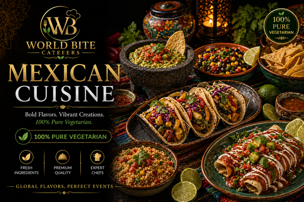 Luxury Mexican vegetarian catering dishes including tacos, nachos and burritos in premium presentation by World Bite Caterers