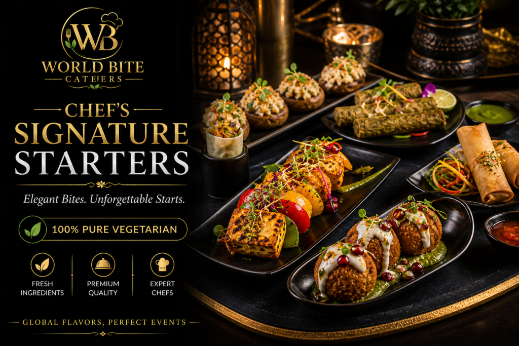 Assorted vegetarian signature starters elegantly plated with vibrant presentation and rich flavors at a premium catering event.