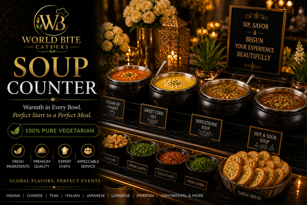 Live vegetarian soup counter serving hot, fresh soups with elegant presentation at a premium catering event.