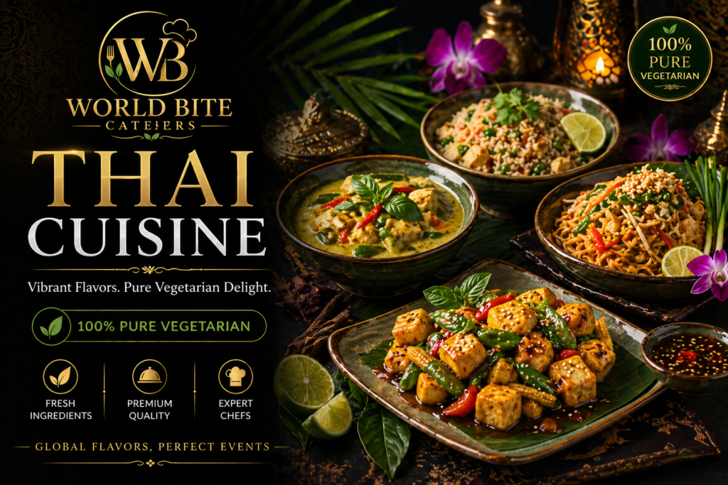 Luxury Thai vegetarian catering dishes including Thai green curry, pad thai noodles and jasmine rice in premium presentation by World Bite Caterers