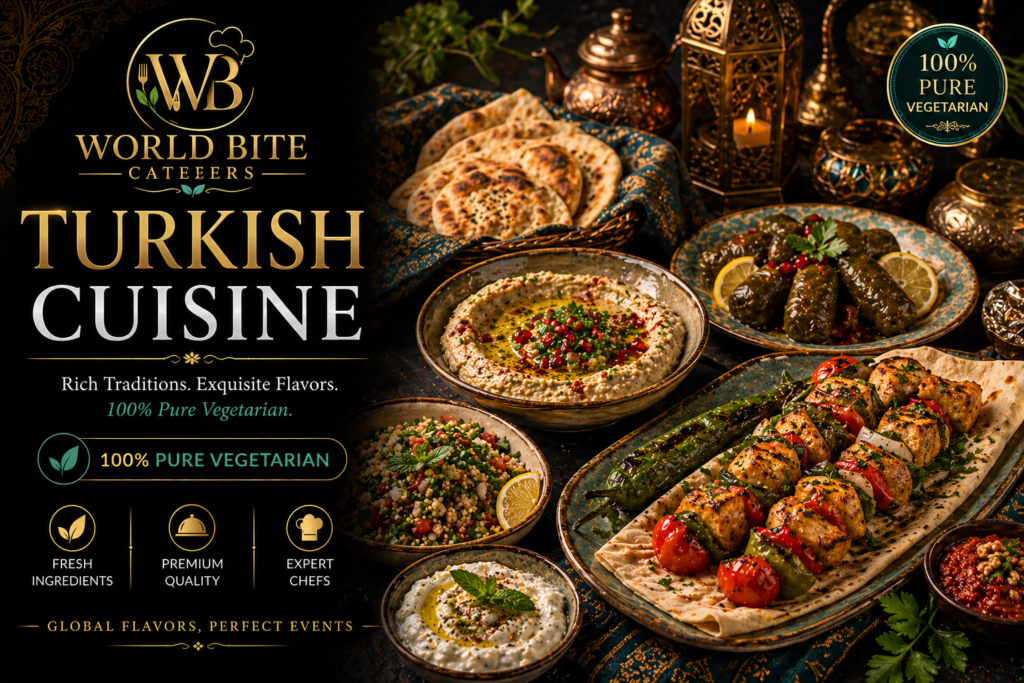 Luxury Turkish vegetarian catering dishes including mezze platter, grilled vegetables and traditional breads in premium presentation by World Bite Caterers